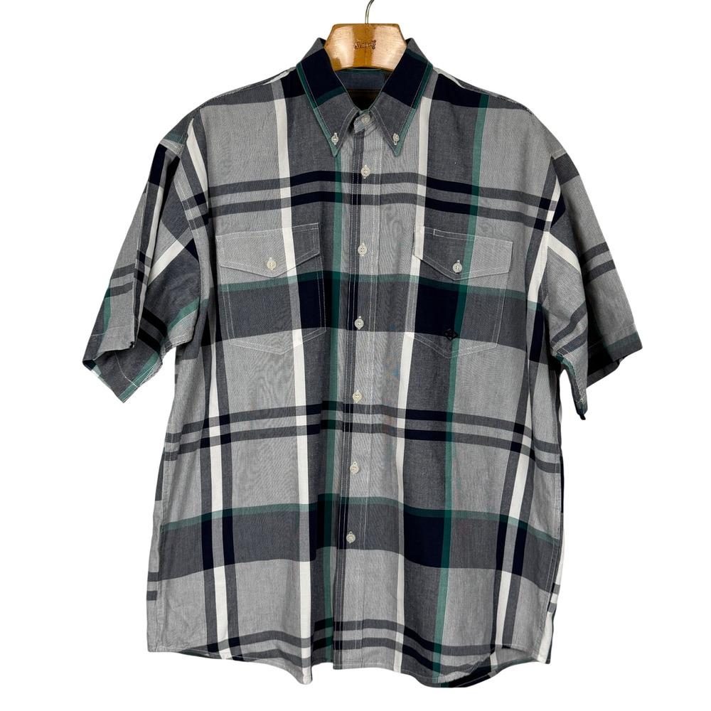 Roper Button Down Shirt Plaid Short Sleeve XL Grey Green Cotton